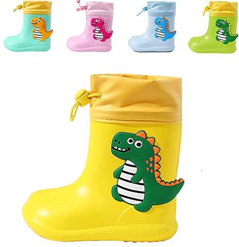 DRECAGE Botas de Agua para Niños y Niñas con Cordón ajustable en el Cuello Botas de lluvia Caucho Goma de Dinosaurio Impermeable Amarillo 24/25 EU 160 MM