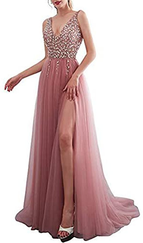Minetom Femme Élégante Col V Robe à Paillettes sans Manches Longue Maxi Robe de Soirée Mariage Cocktail Demoiselle d'honneur C Rose M