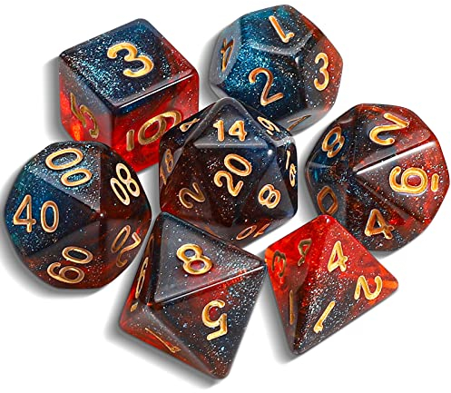 QMAY DND Dice Polyedrisches Würfel Set - 7 Stück für Dungeon und Dragons MTG RPG D&D D20, D12, D10, D%, D8, D6, D4 (Blau gemischtes Rot + Glitzer)
