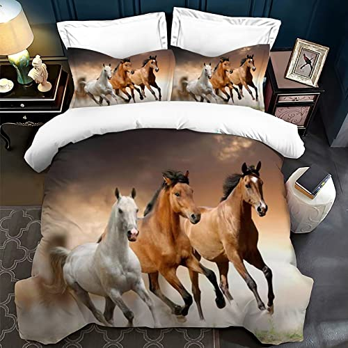 LLTTEER Bed Linen Set for Horses, 3D Print, Children's Animal Bedding Set, 3-Piece, Microfibre Duvet Cover Set with Zip and Pillowcase 50 x 75 cm, for Children (Three Horses, 135 x 200 cm)