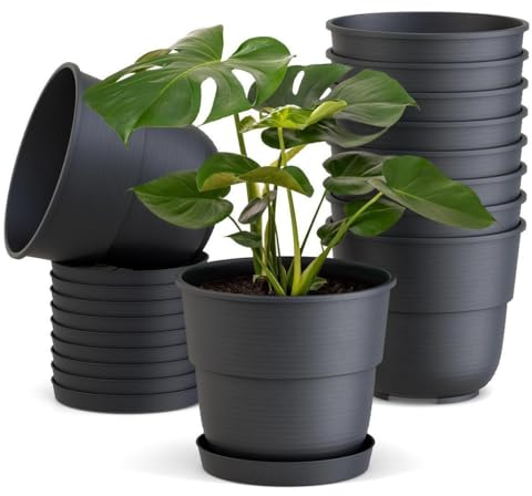 Plastard Blumentöpfe 10er Set 26 cm Durchmesser mit Untersetzer aus Kunststoff Anthrazit runder Pflanzkübel witterungsbeständiger Übertopf große Blumentöpfe