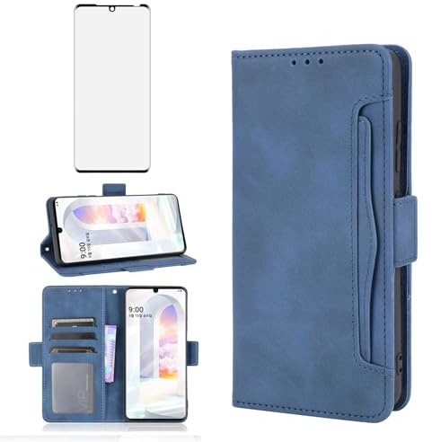 Asuwish Handyhülle für LG Velvet 5G/4G Hülle mit Glas Folie Schutzfolie Kartenfach Klappbar Leder Geldbörse Ständer Handyhüllen LMG910EMW LM-G910EMW Handy Hüllen Schutzhülle Cover Phone Case Blau