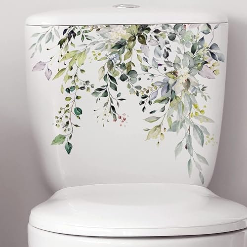 DPWOUM Green Plant Leaves Flowers Toilet Seat Lid Stickers Self-Adhesive Bathroom Wall Stickers Green Leaf Floral DIY Removable Waterproof Toilet Sticker for Bathroom Cistern Decor,Toilet Accessories
