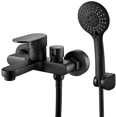 Badewannenarmatur Schwarz Wannenarmatur mit Handbrause Mischbatterie Badewanne mit Brause, Aufputz Wasserhahn Badewanne Armatur, Duscharmatur mit Duschkopf 3 Funktionen,Wandmontage 150mm, Schwarz Matt