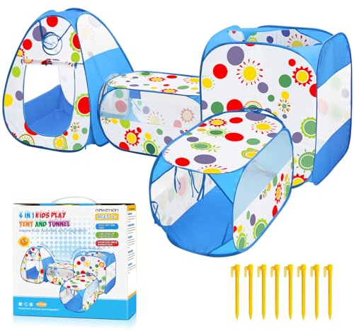 MAIKEHIGH Kinder Spielzelt mit Tunnel, 4 in 1 Pop Up Kinderzelt Bällebad Falten Krabbeltunnel Drinnen Draussen Garten Spiel Junge Mädchen Baby Geschenke