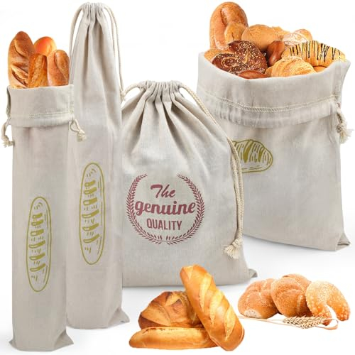 NAROSEBE 4 Pcs Sac à Pains Tissu, Sachet Pain en Lin 40*30/67*15cm, Sacs à Pain Boulangerie, Poche à Pain avec Cordon de Serrage, Sac à Baguette Tissu Lavable, pour Cuisine Baguette Pain Viennoiserie