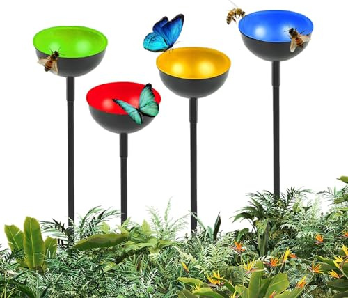 Pali di mangime per api, 4 ciotole in metallo per api e farfalle con pali, nutrire e immergere le api all'aria aperta, decorazione da giardino, antiruggine per l'alimentazione, forniture per