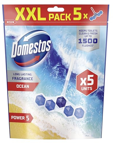 Domestos Power 5 Ocean Toilet Rim Blocks, Toilet Freshener with Long-Lasting Fragrance, Clean and Freshen for Up to 300 Flushes, 5X 50 g