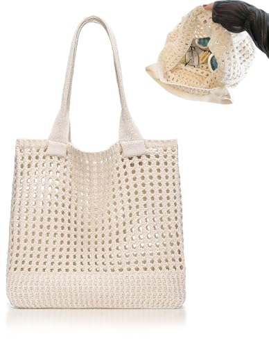 Baieye Gehäkelte Tasche,Tote Bag Aesthetic,Strandtasche Damen,Sommertaschen,Faltbar Tasche Beige,Leicht und Tragbar,für Shopper,Outfits Kollokation,Reisen,Studenten (Beige)