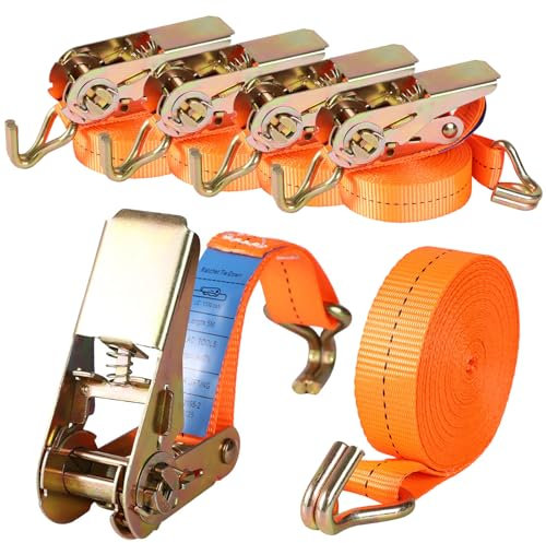 Pack of 4 Ratchet Straps, Tie Down Straps with Hook Ratchet in 4 m 1000 kg 1T Two-Part 25 mm, Lashing Strap for Load Securing TÜV/GS Certified (Orange)