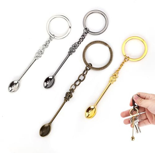 Lot de 4 Mini Cuillères à Couronne Porte-Clés, Pendentif Collier Cuillère à Café Mini Cuillère à Café avec Couronne Roi Reine pour Remplir les Sels de Sable