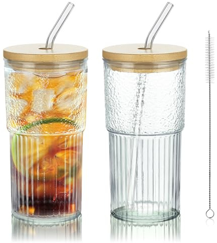 Joeyan 2 Pezzi Bicchiere in Vetro Borosilicato da 720ml/24oz con Cannuccia e Coperchio - Tazza Grande per Smoothie,Cocktail,Caffè e Latte - Lavabile in Lavastoviglie, Senza BPA - Trasparente