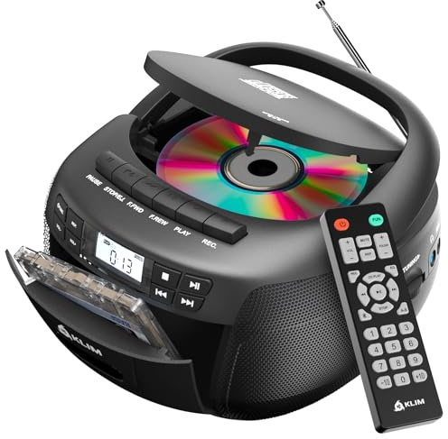 KLIM CD + Cassette Tape Player, Bluetooth CD Boombox, AM/FM Radio, Stereo Sound, Remote, CD and Cassette Player Combo, Tape Recording, USB Drive, AUX (Renewed)