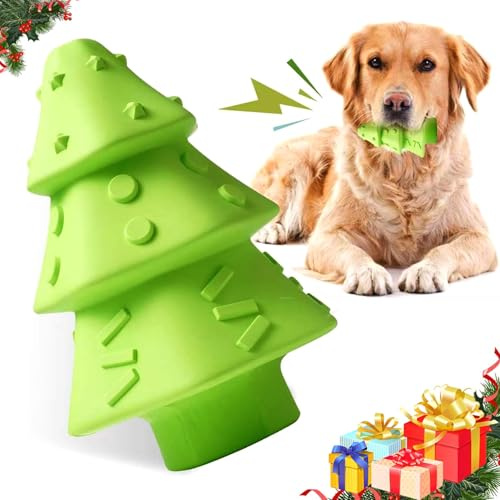 Lairle Christmas Dog Toys for Aggressive Chewers - Indestructible Chew Toy with Squeaker & Teeth Cleaning Bumps, Natural Rubber Christmas Tree Shape Toy for Small, Medium, Large Dogs - Festive Gift