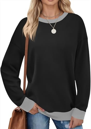 Fisoew Dam Sweatshirt Färgblock Rundhals Långärmad Tröja Basic Toppar, svart, XXL
