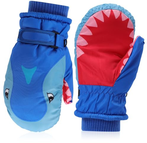Mayoii Kids Winter Ski Mittens, Waterproof & Windproof Snow Gloves with Warm Fleece Lining, Anti-slip PU Palm & Anti-Lost Rope, Cute Penguin Skiing Mittens for Girls Boys Ages 2-7 (Blue Shark)