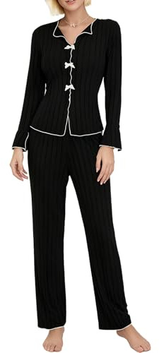 GOUKAWADA Women's Long Sleeve Pyjama Set, Soft Breathable V Neck Button Up Top with Adjustable Elastic Waist Pants for Sleep Daily Wear(UK, Alpha, M, Regular, Regular, Black)