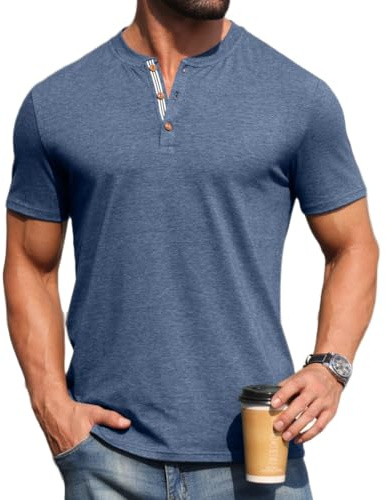 PrinStory Men's Henley T-Shirts Cotton Classic Grandad T-Shirts Summer Short Sleeve Shirts Casual Crew Neck Tee Tops Basic Tops