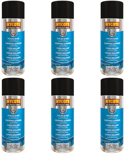 Hycote Black Gloss Spray Paint 400ml – Pack of 6 | High Shine Acrylic Finish for Metal & Plastic | UV Resistant, Durable Top Coat