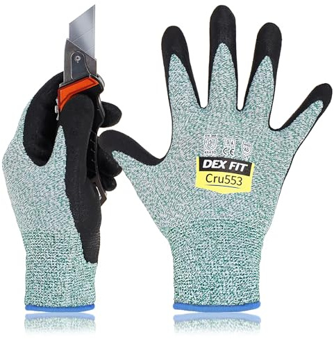 DEX FIT Level 5 Cut Resistant Gloves Cru553, 3D Comfort Stretch Fit, Power Grip, Durable Foam Nitrile, Smart Touch, Machine Washable, Thin & Lightweight, Green 9 (L) 1 Pair