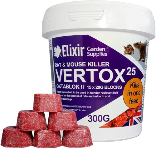 Elixir Gardens Vertox 25 300g (15g x 20) Rat, Mouse & Rodent Poison Killer | Fast Acting & Safe Ready-to-Use Wax Bait Blocks | KILLS IN ONE FEED | 1-10 Tub Quantities | 300g Tub x 1