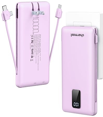 charmast Portable Charger with Built-in Cables & Wall Plug, 10000mAh Portable Power Bank, External Battery Pack Travel Essentials Compatible with iPhone 16/15/14/13, Samsung, iPad etc