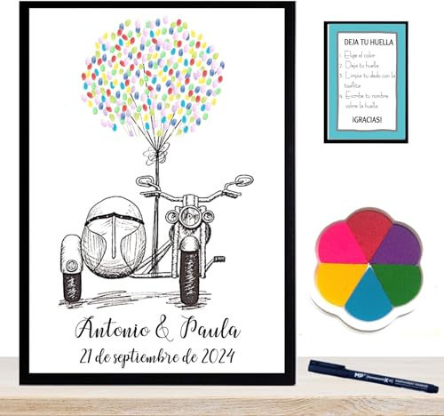 Didart Handmade Libro Firmas Boda, Cuadro de Huellas Personalizado, Regalo Original para Novios, Incluye Marco de Madera en 3 Colores, Tintas, Intrucciones. (Sidecar)