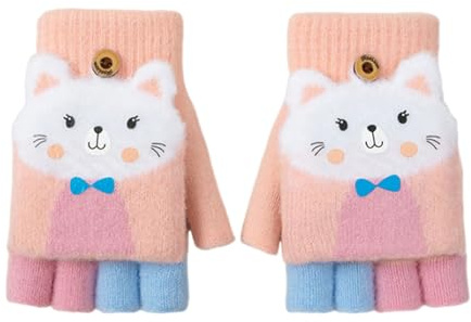 Guantes Sin Dedos para Niños, Manoplas Sin Dedos con Tapa Abatible, Guantes Sin Dedos de Dibujos Animados de Invierno, Manoplas con Botón Sin Dedos para Niños, para Niños de 7 a 9 Años (Rosa Púrpura)