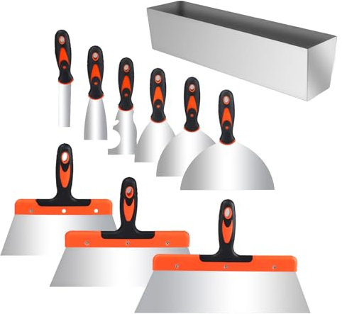 Set Spatule Acier, 9 Pièces Couteau à Enduire Spatules en Acier Inoxydable Couteaux à Mastic Multifonctions spatule mastic et un Bac Enduit Pour Masticage, Enlever Papier Peint