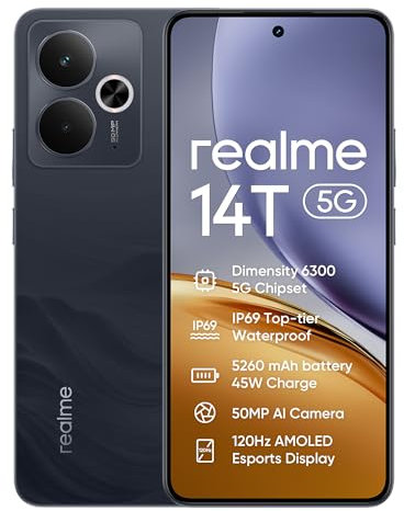 realme 14T Smartphone 5g, 8+256GB,5260 mAh Battery,Dimensity 6300 Chipset, IP69 Top-tier Waterproof, 50MP camera,120Hz Eye Protection Display,Obsidian Black,Amazon Exclusive (No Adapter)