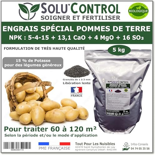 5 kg d'Engrais Spécial Pommes de terre et légumes racines 5-4-15 - Enrichi en Potasse - Favorise la croissance, le grossissement et la conservation des tubercules - UAB - Fabriqué en France
