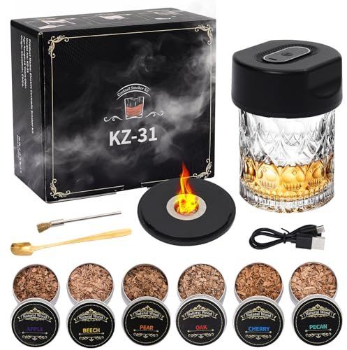 Kit Ahumador Eléctrico para Cócteles con 6 Sabores de Virutas de Madera, Traje de Ahumado de Whisky Eléctrico Portátil, para Bebidas Bourbon Cócteles Vino, Regalo para Hombres, Amantes de los Cóctele