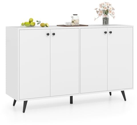 COSTWAY Credenza Buffet da Cucina con 4 Ante e Ripiani Regolabili a 5 Posizioni, Credenza Bassa con 5 Gambe di Supporto, per Soggiorno, Cucina, Sala da Pranzo, 127,5 x 38 x 80 cm (Bianco)