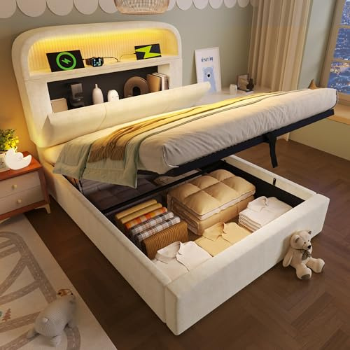 LAKFEW Camas Juveniles Cama 90x200 cm con USB y LED, Cama Individual Cama 90 con Almacenaje Hidráulico y Cabecero Ajustable con Almacenaje, Camas Individuales, Terciopelo, Beige, Sin Colchon
