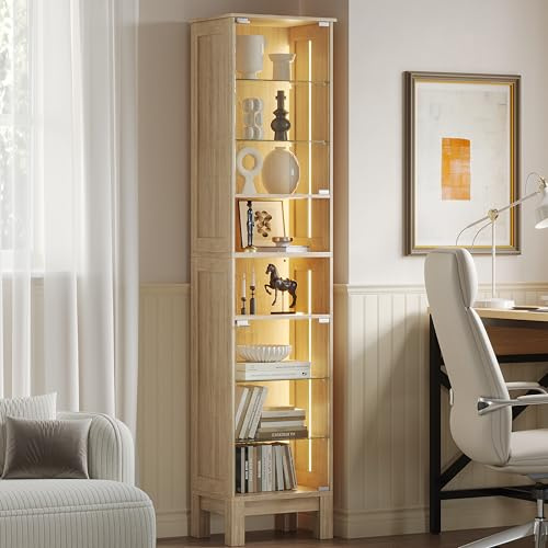 ZKIODV 180cm Vitrine LED, Armoire Vitrine Moderne avec Porte en Verre Trempé, 8 Étagères de Rangement Dont Réglables, Éclairage LED 3 Couleurs, Meuble Vitrine Étroit pour Salon, Bureau (Chêne)