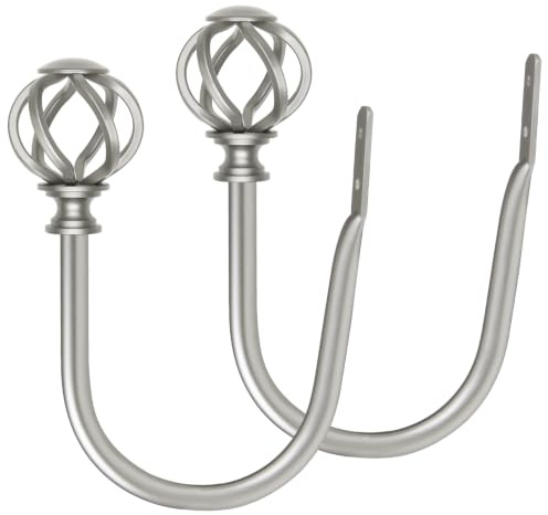USFOOK Antique Silver Curtain Holdbacks, 2 Pack Metal Curtain Tie Backs | U-Shaped Curtain Tie Backs Hooks for curtains, with Twisted Cage Finials, for Fixed Curtain or Hanging Items, 2 Pack/1 Pair