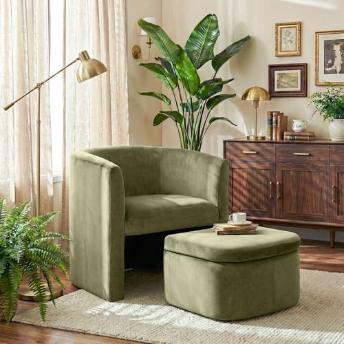 MALOL Velvet Accent Chair with Ottoman Storage Box Set of 1, Wooden Frame Armchair with Footstool, Single Sofa Chair, Arm Chairs for Living Room Bedroom Reading Spaces Office, Green