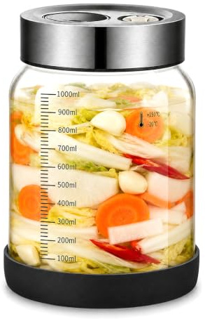 Fermenteringsglas med lock 1 l, fermenteringsglas med jäsventil, Kimchi-behållare burk med läckagesäkert lufttätt lock, gurkglas för fermentering och förvaring, kefirglas för gurka surkål