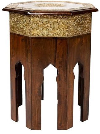 Marrakesch Orientalischer Beistelltisch rund aus Holz Oriental 52 cm | Vintage Tisch aus Massivholz mit Messing verziert Beistelltische für Ihr Wohnzimmer | Niedriger Sofatisch Braun