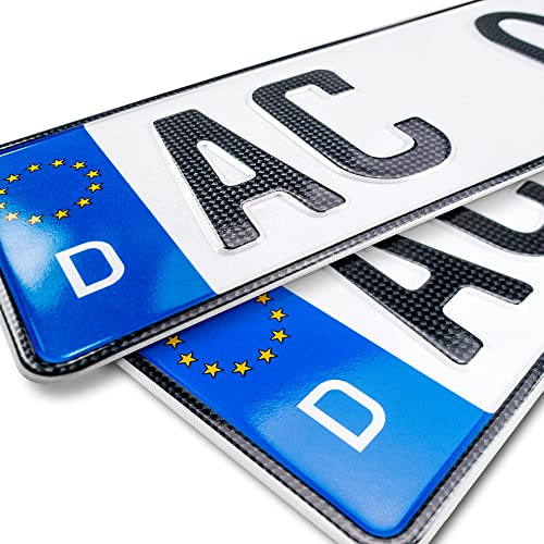 schildEVO 2 Carbon Kfz Kennzeichen | 440 x 110 mm | Kurze Autokennzeichen 44 cm | OFFIZIELL amtliche Nummernschilder | DIN-Zertifiziert – EU Wunschkennzeichen mit individueller Prägung