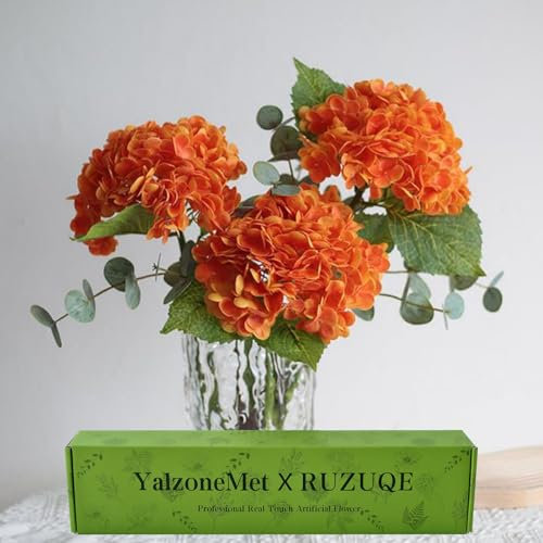 YalzoneMet 3 Pcs Real Touch Orange Hydrangea Artificial Flowers,21'' Lifelike Faux Latex Hydrangea, Fake Flower for Home Fall Decoration Table Centerpiece