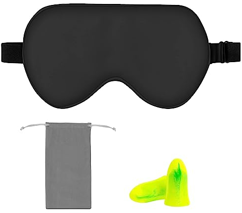 Amazon Basics Genuine Natural Mulberry Silk Eye Mask, Curved Sleep Mask with Adjustable Strap, Pack of 1, 21.5 x 11.2 cm, Black