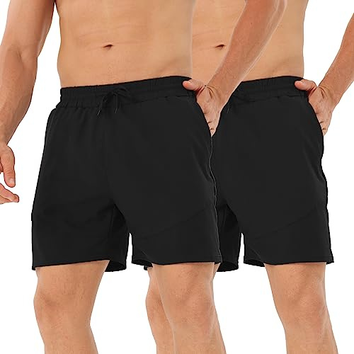 HOPLYNN Men's 2 Pack Running Shorts Lightweight Breathable Sports Gym Training Shorts with Drawstring and Zippered Pockets 2Black S