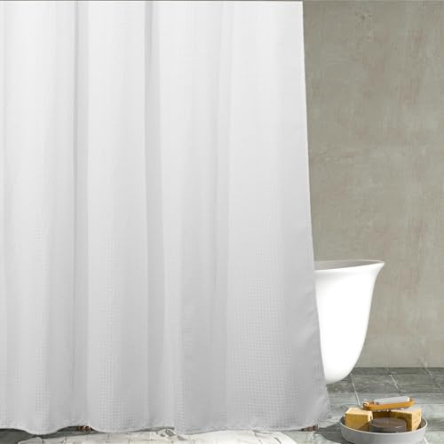 White Waffle Shower Curtain : Heavy Duty Fabric Shower Curtain for Bathroom - Water Repellent Washable Thick Polyester Cloth Bath Curtain - 183 x 183cm Drop