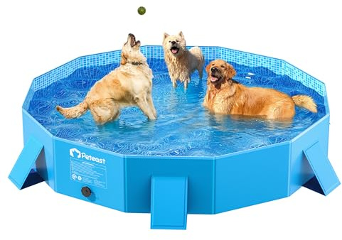 Peteast Foldable Dog Kiddie Pool with Stable Side Support, Hard Plastic Shell Portable Dog Pool, Collapsible Swimming Pools for Pet and Kids, 64 in