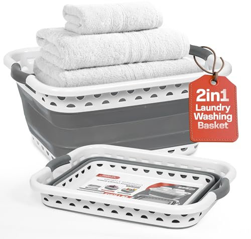Klass Home Collection 58L Large Collapsible Laundry Baskets Plastic, Pop Up Foldable Washing Basket, Laundry Hamper For Sorting & Drying, Space Saving Folding Wash Bucket Tub (2-Handle, Grey)