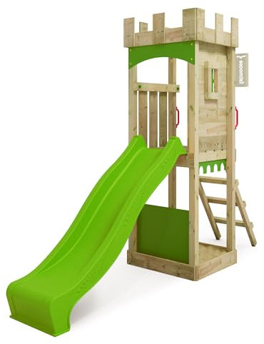 FATMOOSE Spielturm Ritterburg TreasureTower Top XXL mit apfelgrüner Rutsche, Outdoor Kinder Kletterturm mit Sandkasten Leiter & Spiel-Zubehör für den Garten