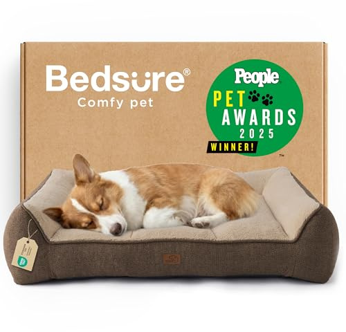 Bedsure SupportMax™ Orthopedic Dog Bed Medium Size Dog - Extra Thick Supportive Medium Dogs Beds with Waterproof Washable Cover, Comfort Pet Bed Sofa with Soft Sherpa and Nonskid Bottom, Brown, 35