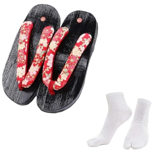 MACEFIL Anime Cosplay Women Japanese Wooden Clog Versatile Geta Sandals Traditional Kimono Slippers Flip Flops (7,Red Flower)