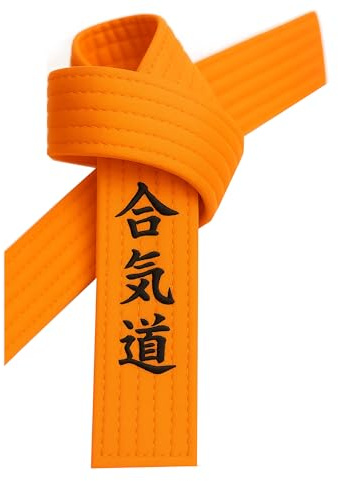 TEKKA BUDO Ceinture d'aïkido brodée orange - caractères d'aïkido janais - Ceinture orange avec broderie kanji, Orange, 280 cm